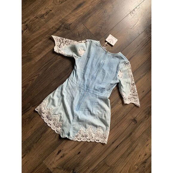 New Super Sexy Blue Faux Denim Lace Romper - Picture 4 of 4